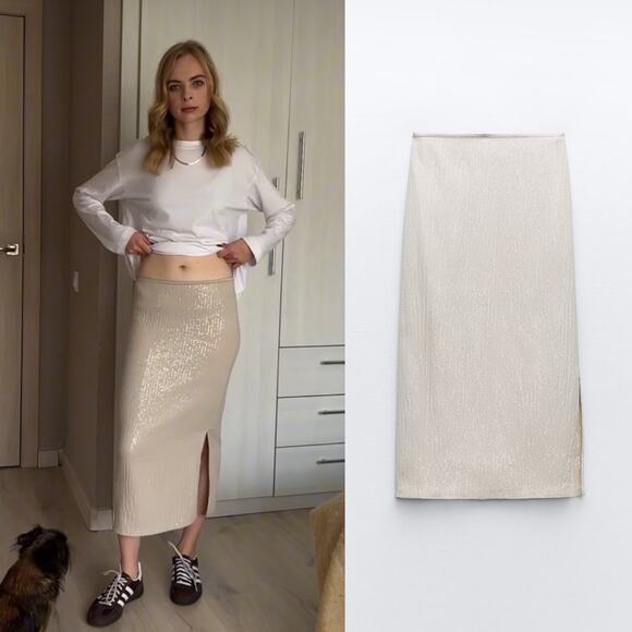 ZARA SEQUIN MIDI SKIRT - Picture 1 of 9